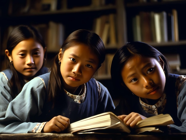 Three girls are reading a book and one is reading a book