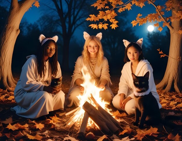 Photo three girls are sitting around a fire with the words cat and cat