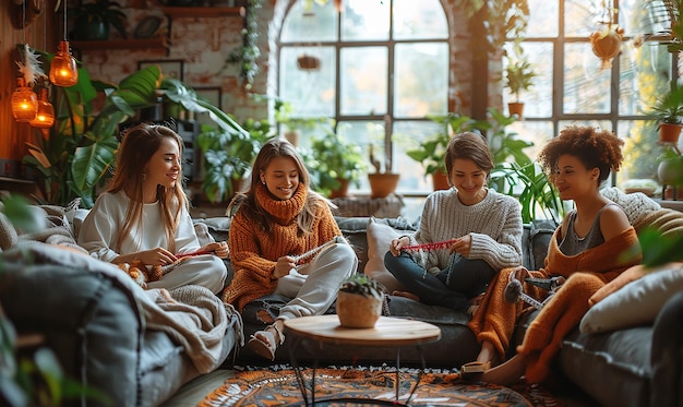 Photo three girls are sitting on a couch and one of them is wearing a scarf