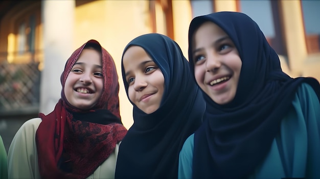 Three girls are smiling and one is wearing a headscarf.