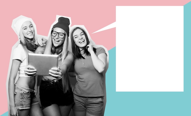 Three girls friends taking selfie with digital tablet