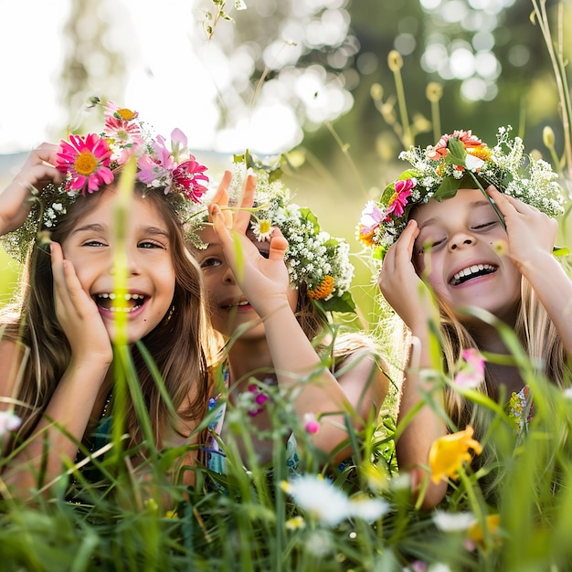 Photo three girls laying in the grass with flowers on their heads