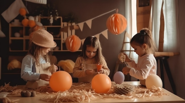 Three girls making decorations at a party