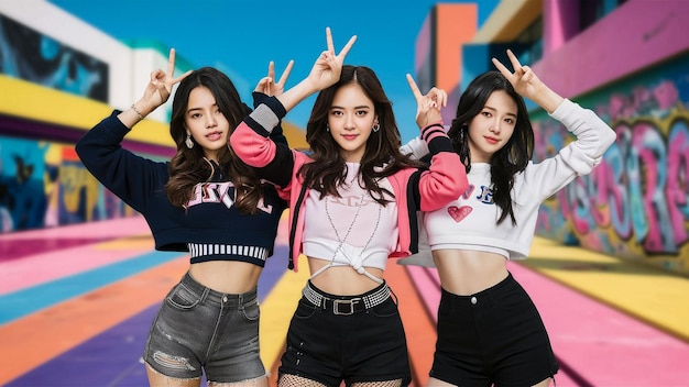 three girls posing for a picture with their hands up