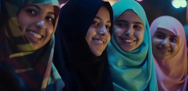 Three girls in a row, one of them is wearing a green hijab.