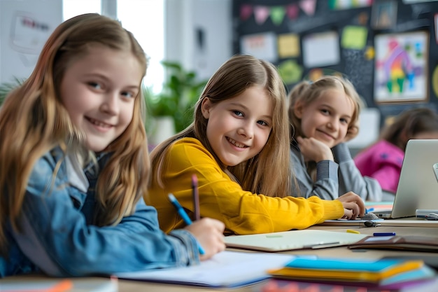 Photo three girls sit at a desk with a pencil and a book with the word  on it