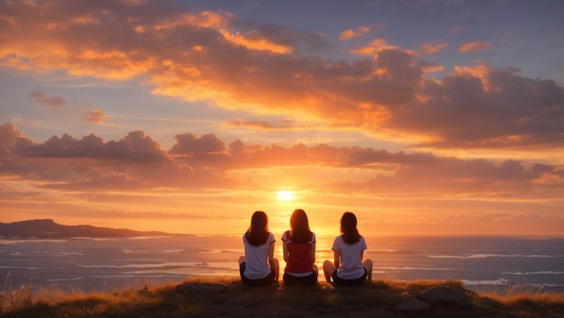 three girls sit on a hill and look at the sunset