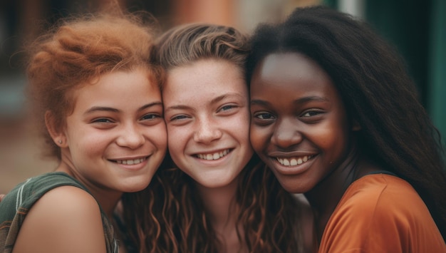 Three girls smiling and looking at the camera