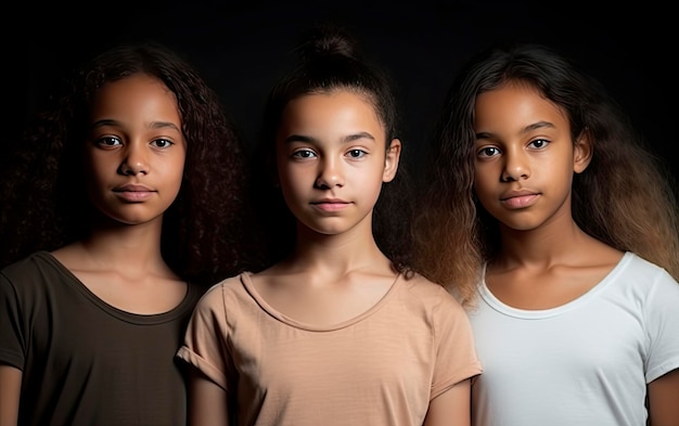 Three girls stand in a row, one of which is black and the other is black.