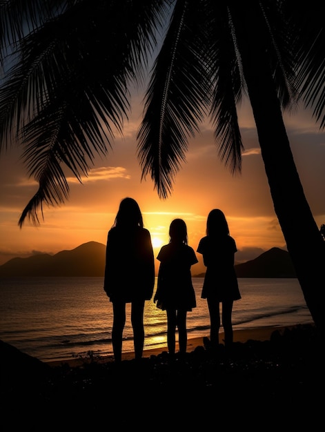 Three girls standing on a beach watching the sun set generative ai