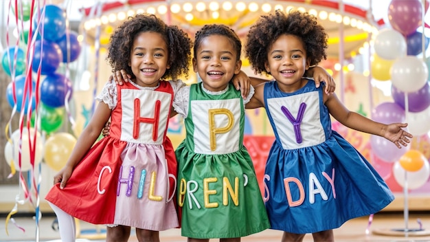 three girls wearing dresses that say happy childrens day