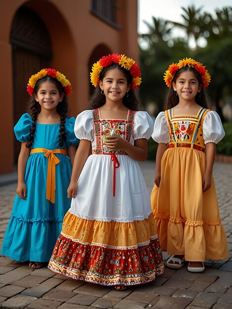 Photo three girls wearing dresses with the word  the  on them