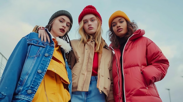 Photo three girls wearing jackets and hats one has a red hat that says quot the word quot on it