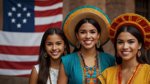 Photo three girls wearing sombrero hats pose in front of a flag