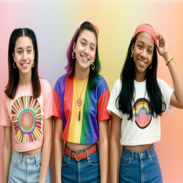 three girls wearing t - shirts that say rainbow on them