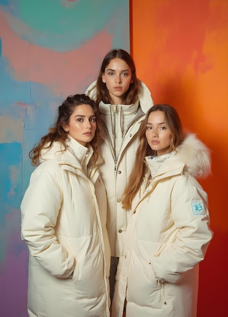 three girls wearing white coats with the logo on the front