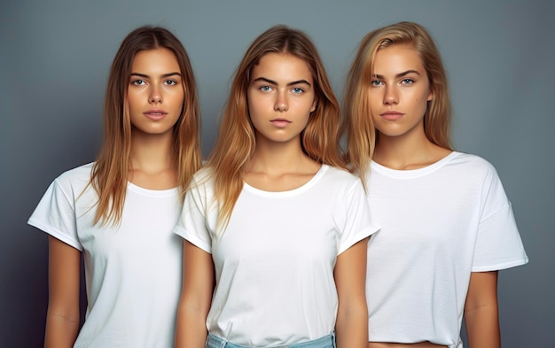 Three girls in white shirts are standing in a row.