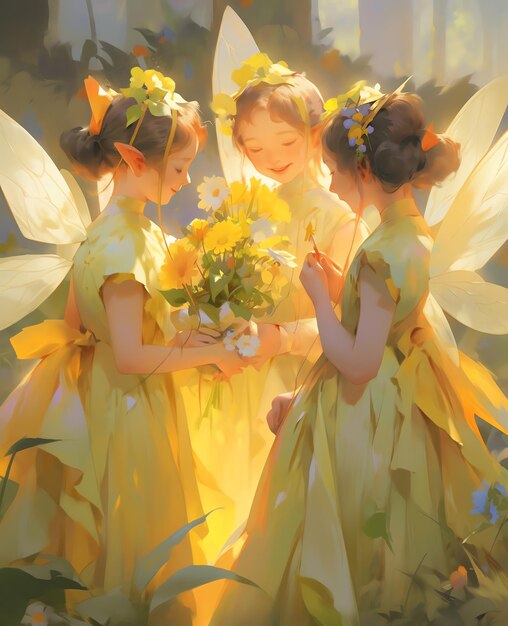 three girls with angel wings and yellow flowers are holding a bouquet of flowers