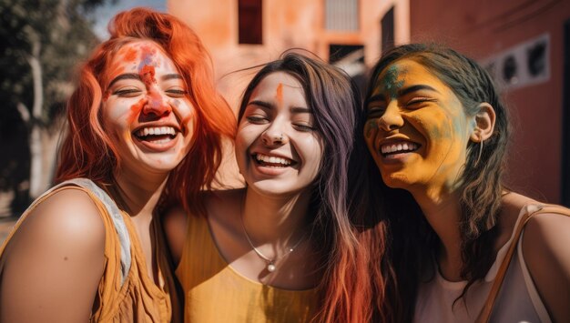 Three girls with colored powder on their faces are smiling and laughing. the girl is wearing a yellow shirt.