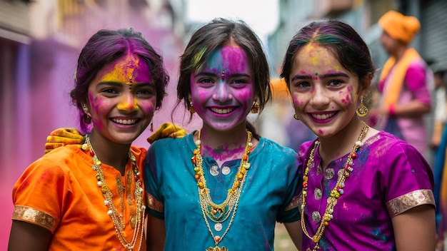 Photo three girls with colorful faces and one has a purple shirt that says  the word  on it