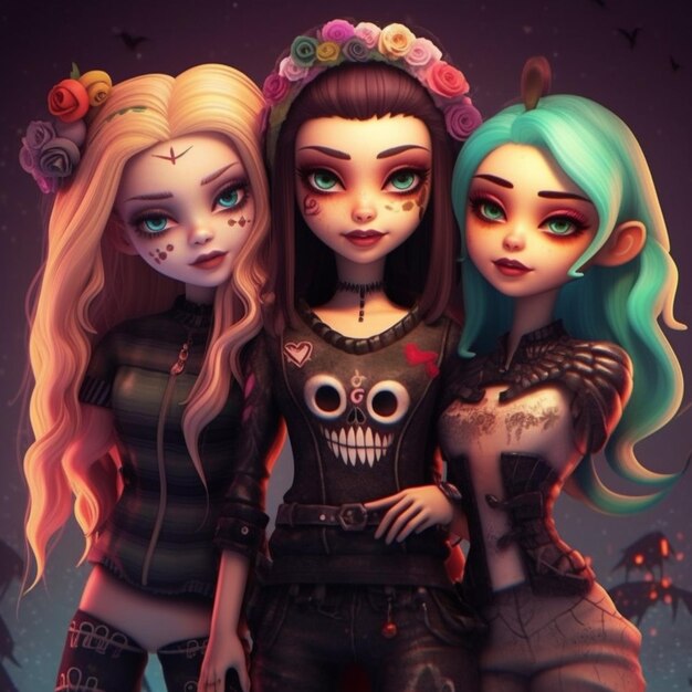 Three girls with colorful hair and makeup standing next to each other generative ai