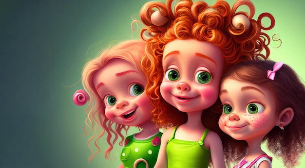 Three girls with green hair and a green dress are standing together.