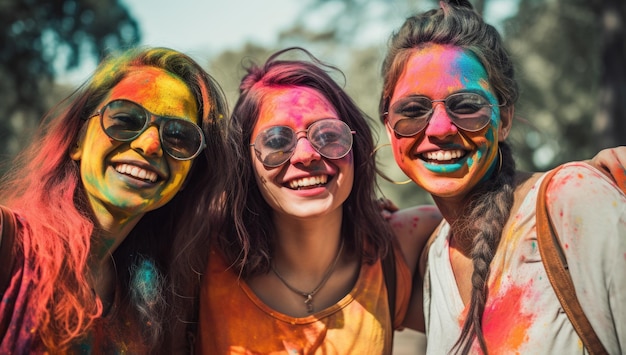 Three girls with their faces covered in holi colours are smiling at the camera.