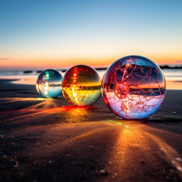 Three glass balls on a beach with the sun setting behind them.