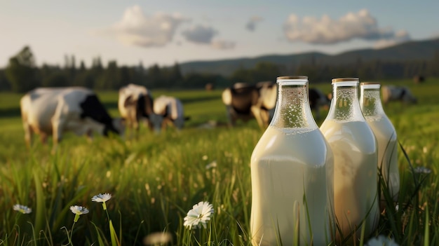 Photo three glass bottles of milk sit on lush grass with cows grazing in the background highlighting a rural and serene landscape during golden hour