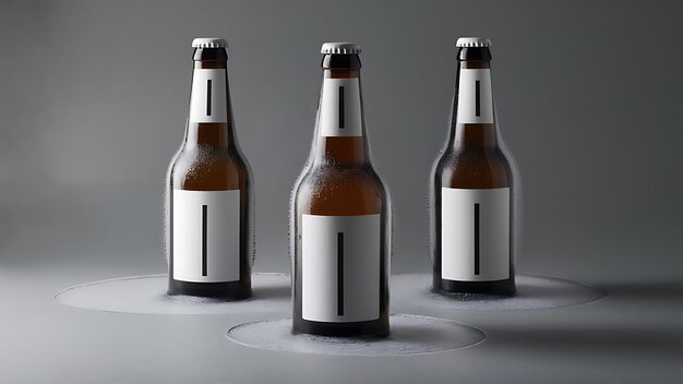 Three glass bottles with beer with white labels on grey background