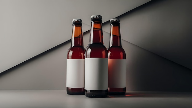 Three glass bottles with beer with white labels on grey background