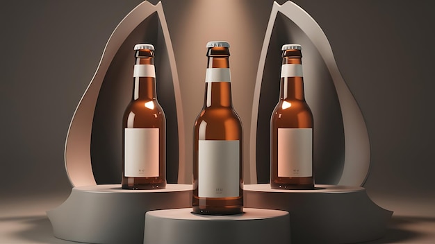 Three glass bottles with beer with white labels on grey background