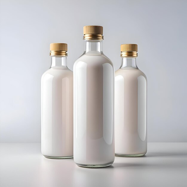 Photo three glass bottles with gold lids filled with white liquid perfect for showcasing your product or brand