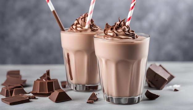 three glass cups of chocolate milkshake milkshake are sitting in front of a wall