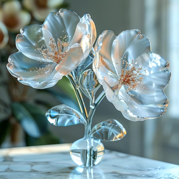 three glass flowers are on a marble table with a marble table top