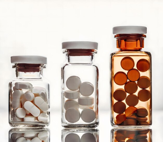 Three Glass Jars Filled With Different Types of Pills Generative AI