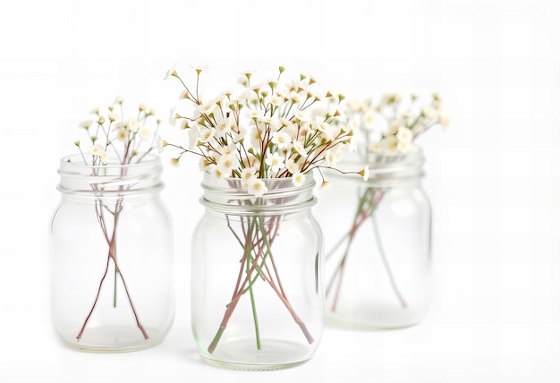 Photo three glass jars with flowers in them one with the other labeled  daisy