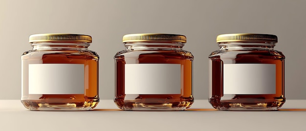 Photo three glass jars with gold lids and blank labels perfect for showcasing your product