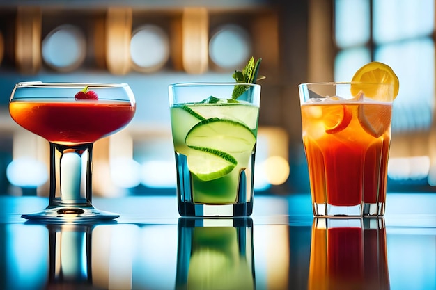 three glasses of cocktails one of which has fruit and the other with a straw