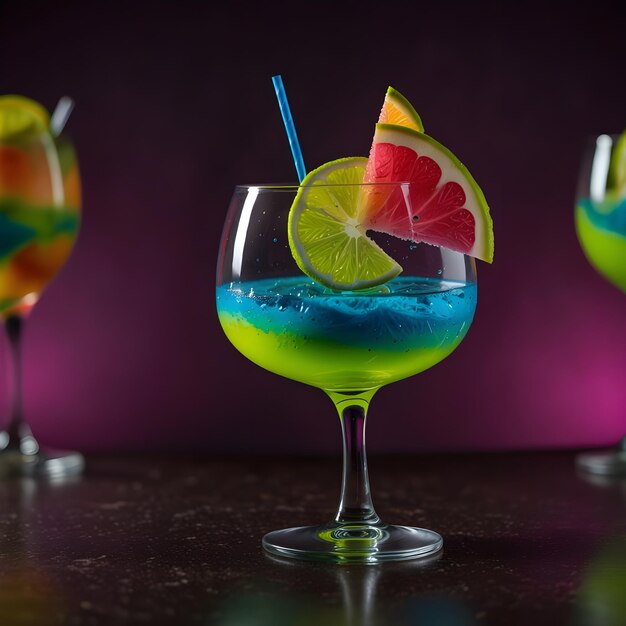 Photo three glasses of colorful drink with a straw in the middle