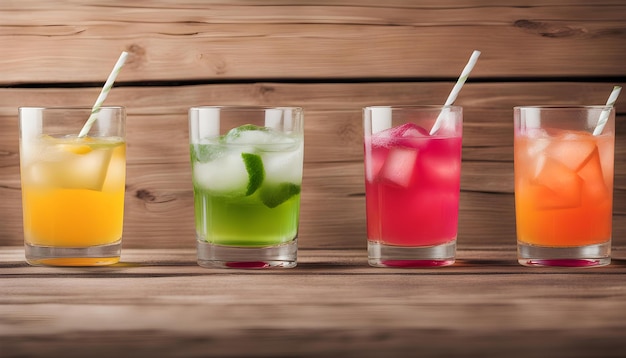 three glasses of different colors of lime juice sit on a wooden table