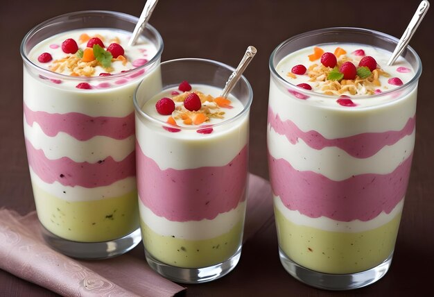 three glasses of Falooda with strawberry topping