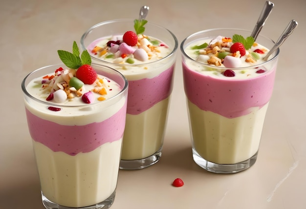 three glasses of Falooda with strawberry topping