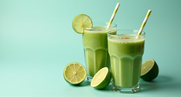 three glasses of green juice with limes and limes on a blue background