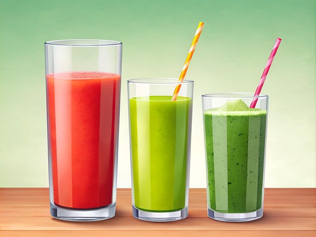 three glasses of green juice with strawberries and green juice