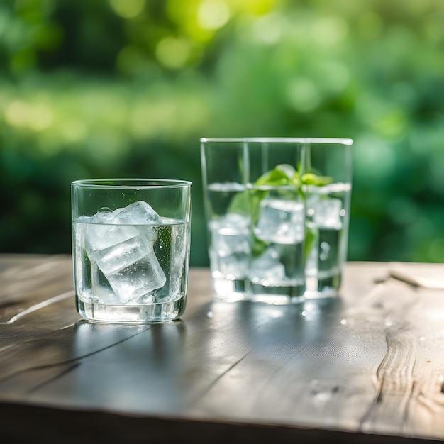 three glasses of ice cubes sit on a table with a plant in them