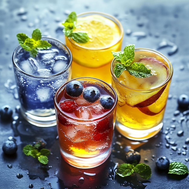 Photo three glasses of ice water one of which has a blueberry and mint leaf on it