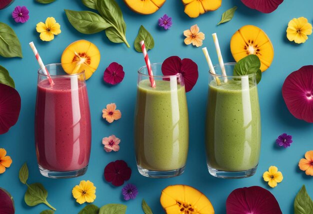 Photo three glasses of juice with flowers and a bunch of flowers on them