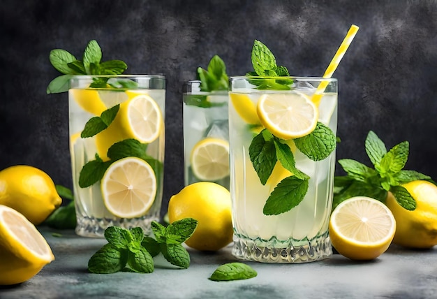 three glasses of lemonade with lemonade and mint leaves