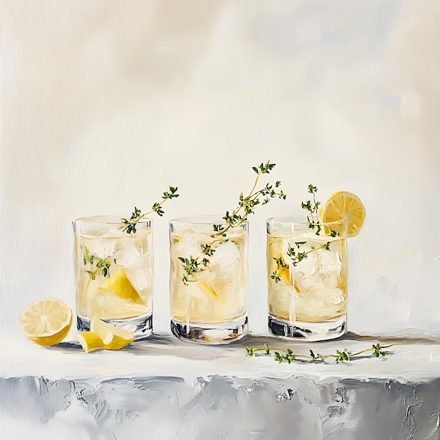 Three Glasses of Lemonade with Thyme and Lemon Slices